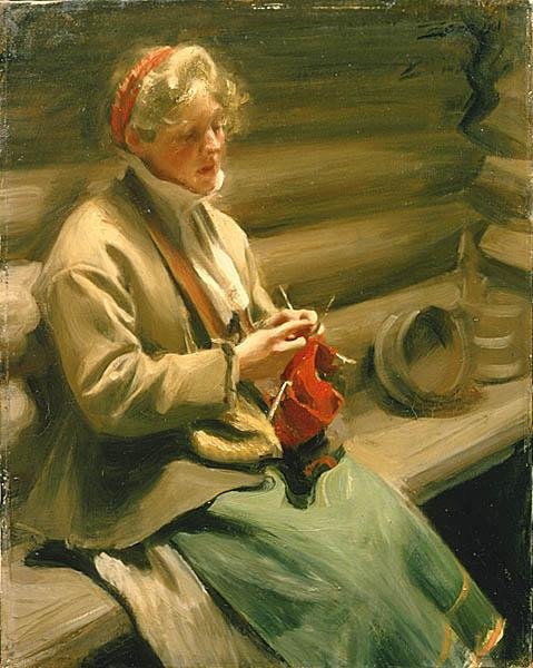 Girl from Dalecarlia knitting